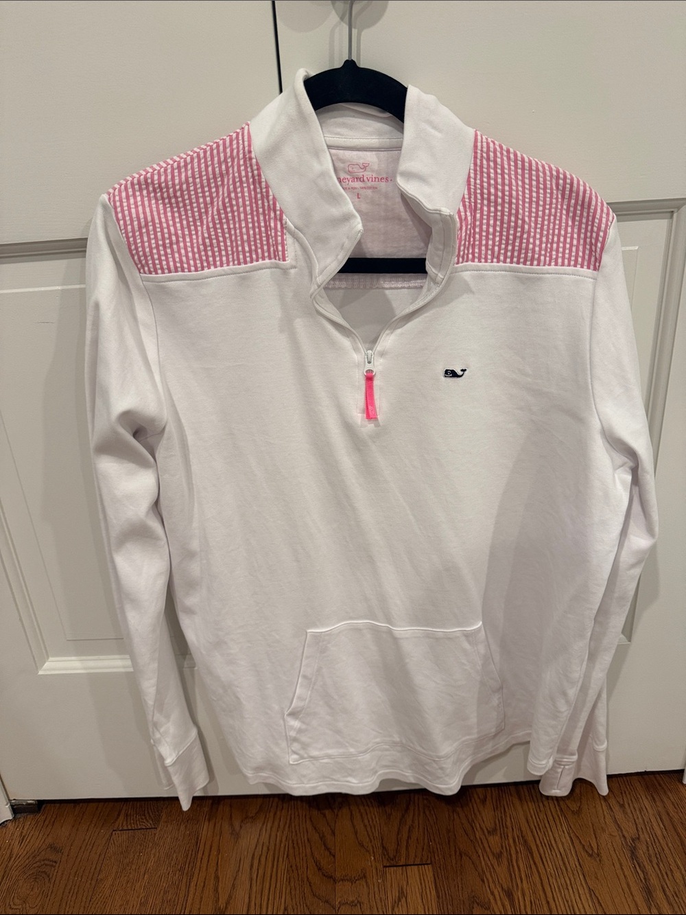 Vineyard Vines White Quarter-Zip Pullover with Pink Striped Shoulder Panels